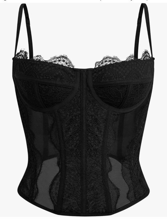 Tops - XS Black Lace Longline Bustier Corset crop top bralette intimate mesh going out